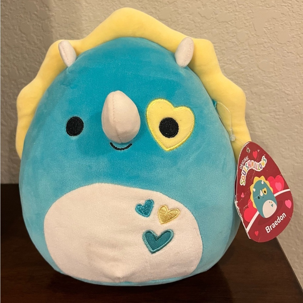 NWT Squishmallows “Braedon” Blue Yellow Triceratops Dinosaur Dino 8” Plush